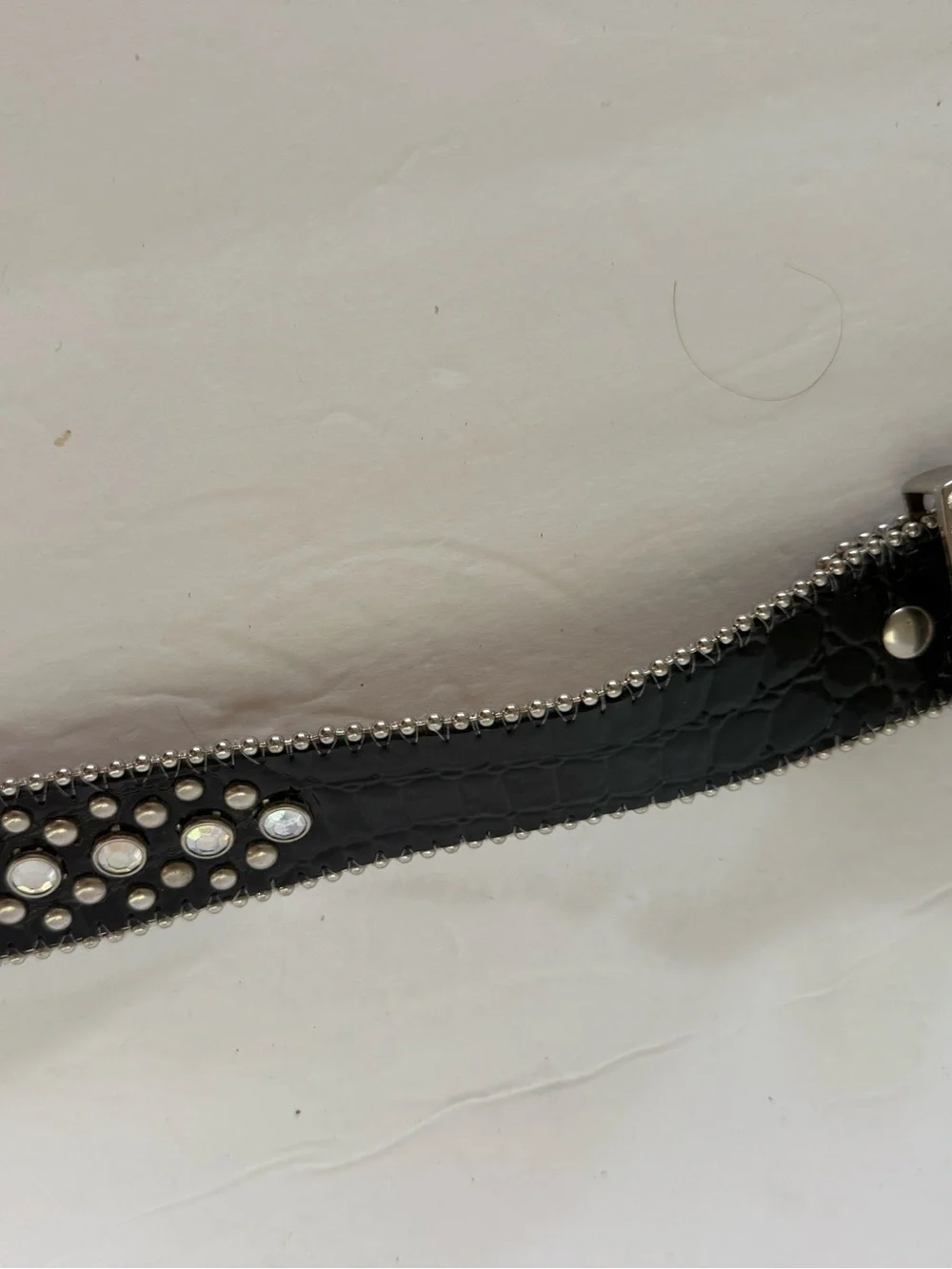 Black & Silver Leather Belt SZ M Sequin Studded Rhinestones Crosses Buckle